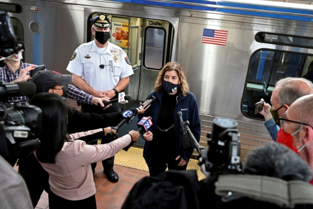 SEPTA General Manager Leslie Richards speaks during a news conference as SEPTA Transit Police Chief Thomas Nestel III stands behind her on an El platform at the 69th Street Transportation Center in Philadelphia, Pa., on Oct. 18, 2021. (Tom Gralish/The Philadelphia Inquirer via AP)
