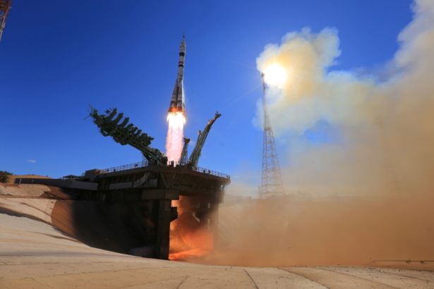 The Soyuz MS-19 spacecraft carrying the crew, formed of Russian cosmonaut Anton Shkaplerov, film director Klim Shipenko and actress Yulia Peresild, blasts off to the International Space Station (ISS) from the launchpad at the Baikonur Cosmodrome, Kazakhstan on Oct. 5, 2021. (Roscosmos/via Reuters)