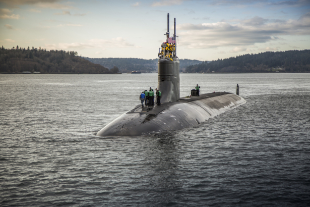 The Seawolf-class fast-attack submarine USS Connecticut (SSN 22) departs Puget Sound Naval Shipyard for sea trials following a maintenance availability on Dec. 15, 2016. (U.S. Navy photo/Thiep Van Nguyen II)