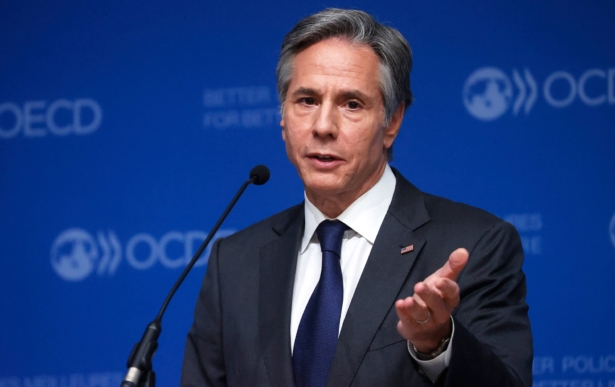U.S. Secretary of State Anthony Blinken speaks during a closing press conference with the secretary-general of the Organization for Economic Cooperation and Development (OECD) at the 60th OECD Ministerial Council Meeting in Paris on Oct. 6, 2021. (Ian Langsdon/Pool/AFP via Getty Images)