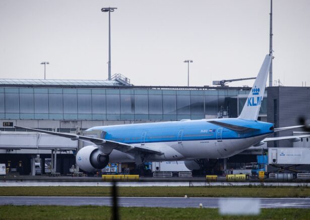 A KLM airplane landed from Johannesburg, South Africa, is parked at the gate E19 at the Schiphol Airport, The Netherlands, on Nov. 27, 2021. (Sem Van Der Wal/ANP/AFP via Getty Images)