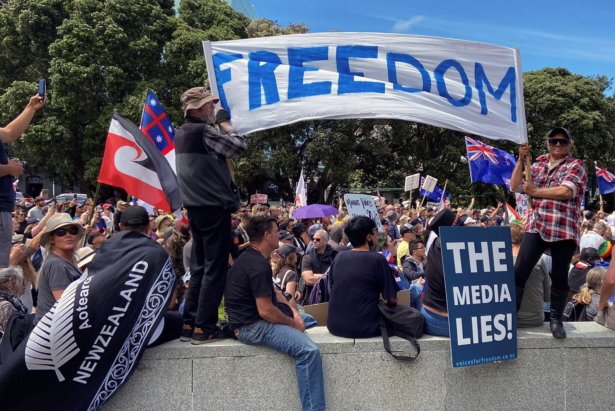 Protesters rally against COVID-19-related restrictions and vaccine mandates in Wellington, New Zealand, on Nov. 9, 2021. (Praveen Menon/Reuters)