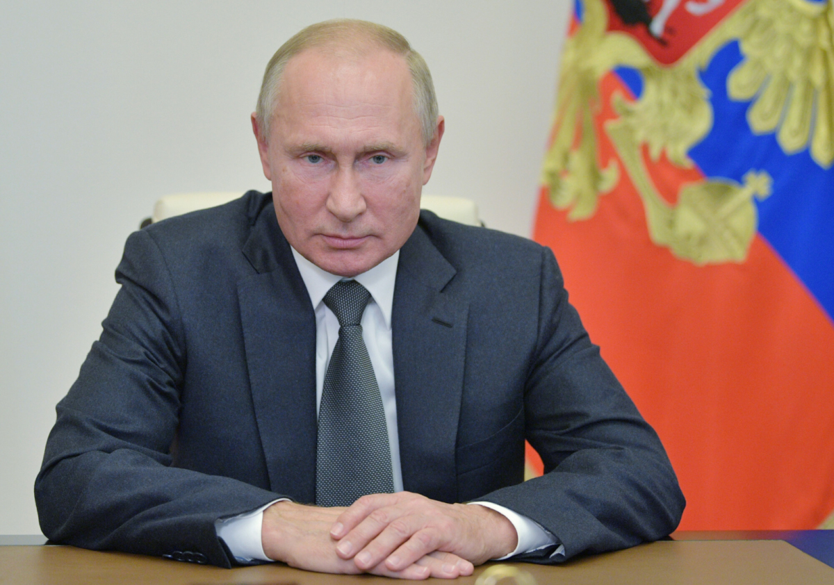 Russian President Vladimir Putin attends a meeting via a video conference call at the Novo-Ogaryovo state residence, outside Moscow, Russia, on Oct. 7, 2020. (Sputnik/Alexei Druzhinin/Kremlin via Reuters)