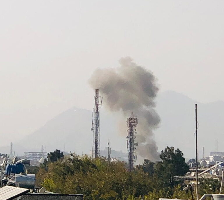 Smoke billows near the Sardar Mohammad Daud Khan National Military Hospital after an explosion in central Kabul, Afghanistan, on Nov. 2, 2021. (Handout via Reuters)