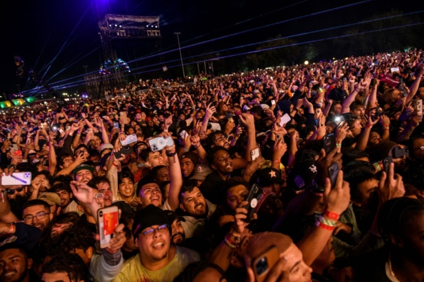 The crowd watches as Travis Scott performs at Astroworld Festival at NRG park in Houston on Nov. 5, 2021. (Jamaal Ellis/Houston Chronicle via AP)