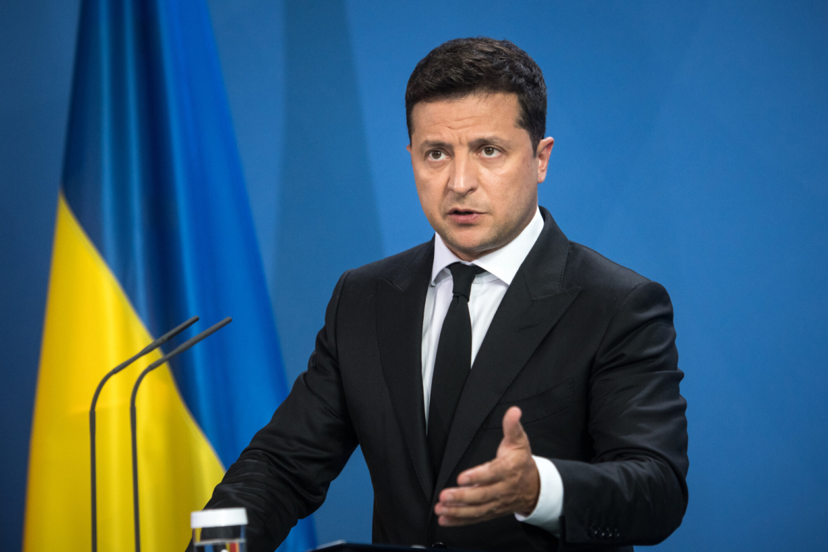 Ukrainian President Volodymyr Zelensky and the German Chancellor (not pictured) give statements ahead of talks at the Chancellery in Berlin, Germany, on July 12, 2021. (Stefanie Loos-Pool/Getty Images)