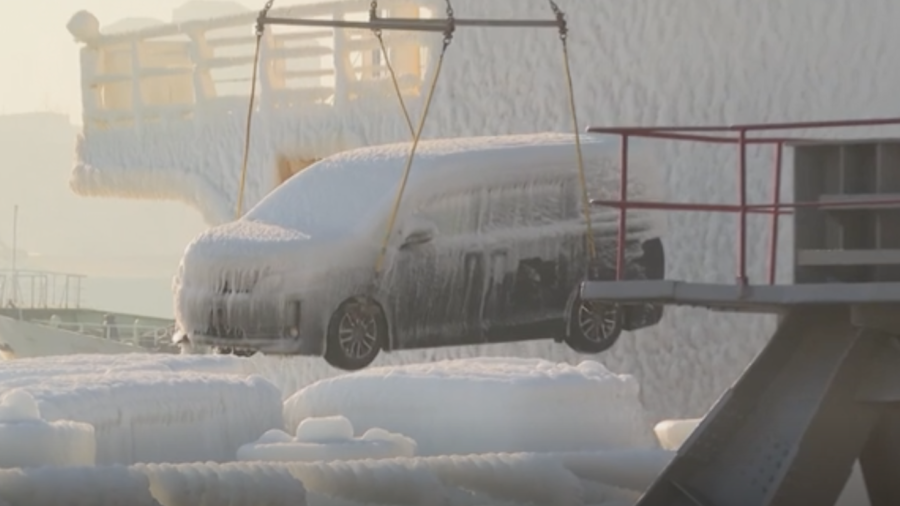 Cars Covered in Ice After Chilly Sea Journey