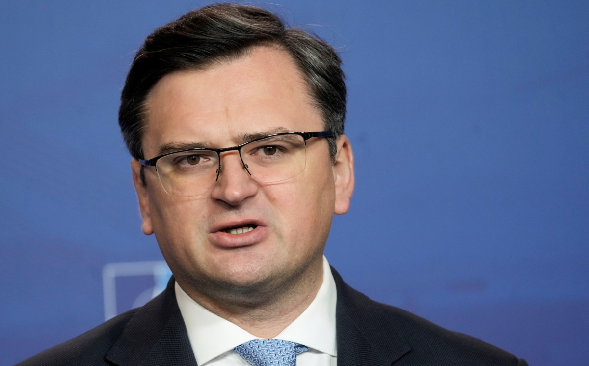 Ukraine's Foreign Minister Dmytro Kuleba speaks at the NATO Foreign Ministers summit in Riga, Latvia, on Dec. 1, 2021. (Ints Kalnins/Reuters)