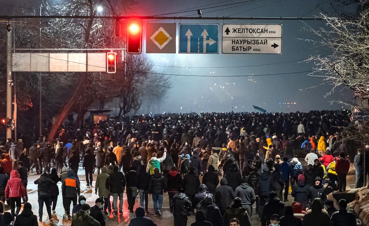 Protesters attend a rally in Almaty, after energy price hikes, on Jan. 4, 2022. (Ruslan Pryanikov/AFP via Getty Images)