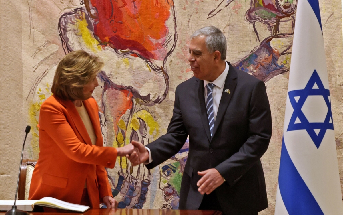 Speaker of the United States House of Representatives Nancy Pelosi (L) and Israeli Knesset Speaker Mickey Levy are pictured at the Chagall State Hall in the Knesset building in Jerusalem on Feb. 16, 2022. (Menahem Kahana/AFP via Getty Images)