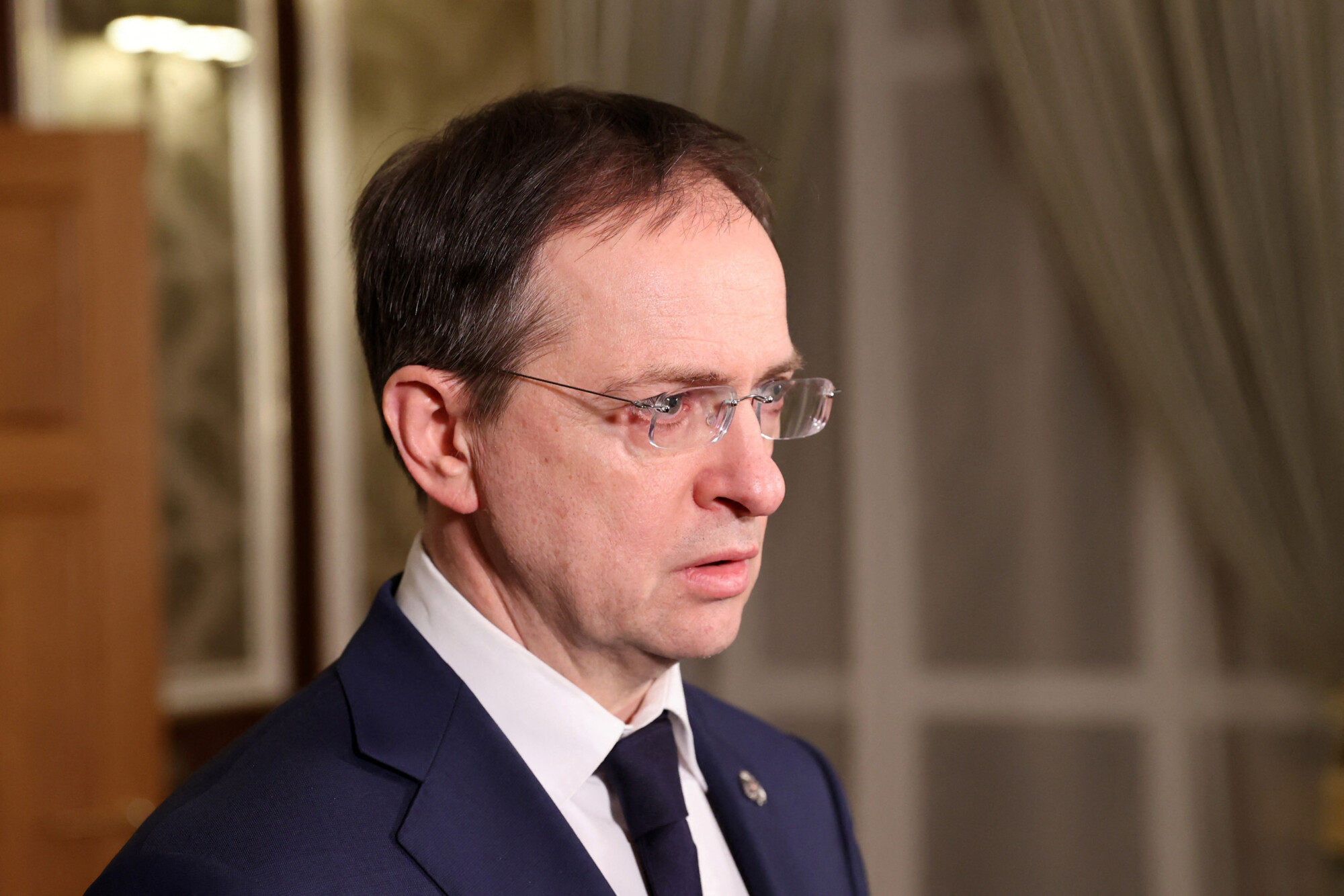 Head of the Russian delegation Vladimir Medinsky speaks to media after talks between delegations from Ukraine and Russia in Belarus’ Gomel region on Feb. 28, 2022. (Sergei Kholodilin/AFP via Getty Images)