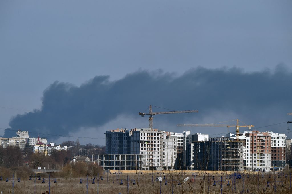 Smoke rises over Irpin, north of Kyiv, Ukraine, on March 12, 2022. (Sergei Supinsky/AFP via Getty Images)