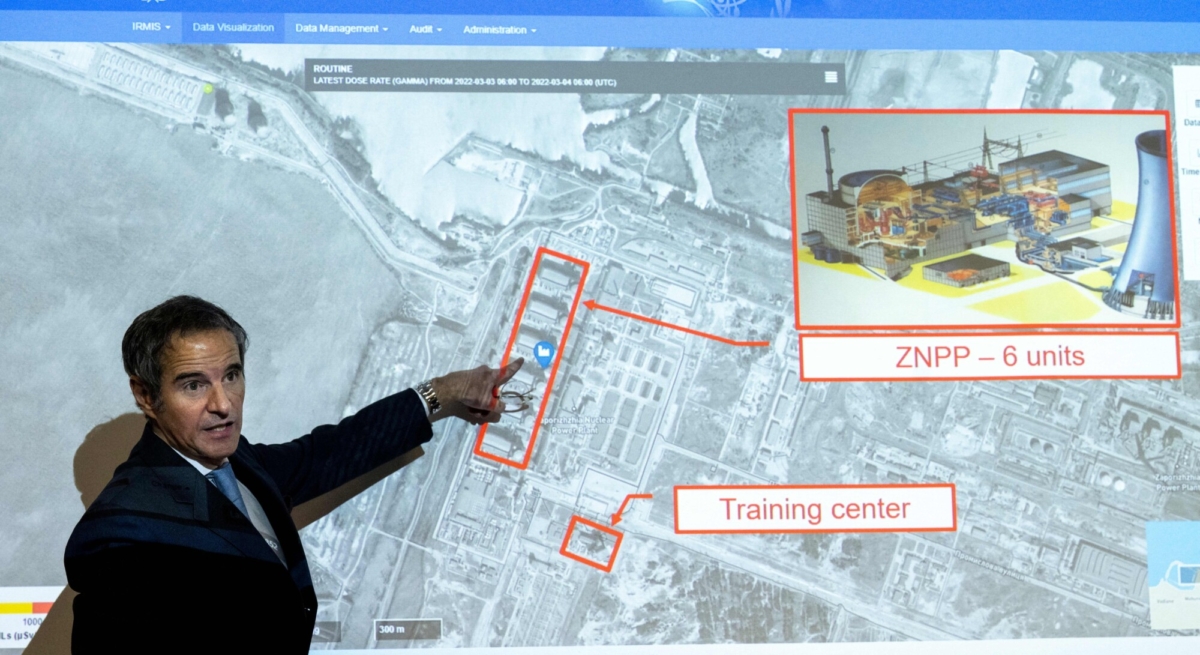 Rafael Grossi, Director General of the International Atomic Energy Agency (IAEA), points on a map of the Ukrainian Zaporizhzhia nuclear power plant during a special press conference at the IAEA headquarters in Vienna on March 4, 2022. (Joe Klamar/AFP via Getty Images)
