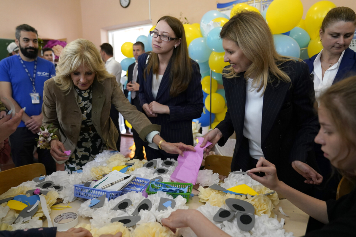 First Lady Jill Biden and Olena Zelenska, spouse of Ukrainian's President Volodymyr Zelenskyy, join a group of children at School 6 in making tissue-paper bears to give as Mother’s Day gifts in Uzhhorod, Ukraine, on May 8, 2022. (Susan Walsh/AP Photo, Pool)
