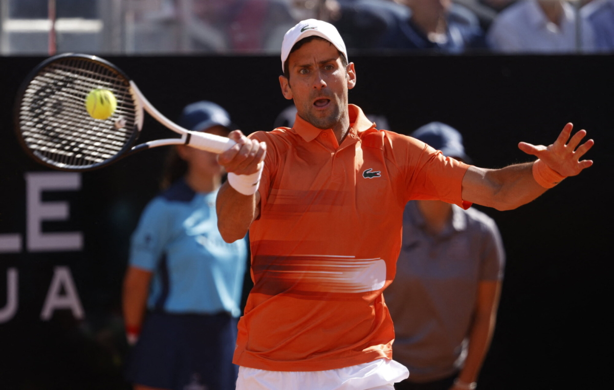 Serbia's Novak Djokovic in action during the final against Greece's Stefanos Tsitsipas at the Italian Open at Foro Italico in Rome on May 15, 2022. (Guglielmo Mangiapane/Reuters)