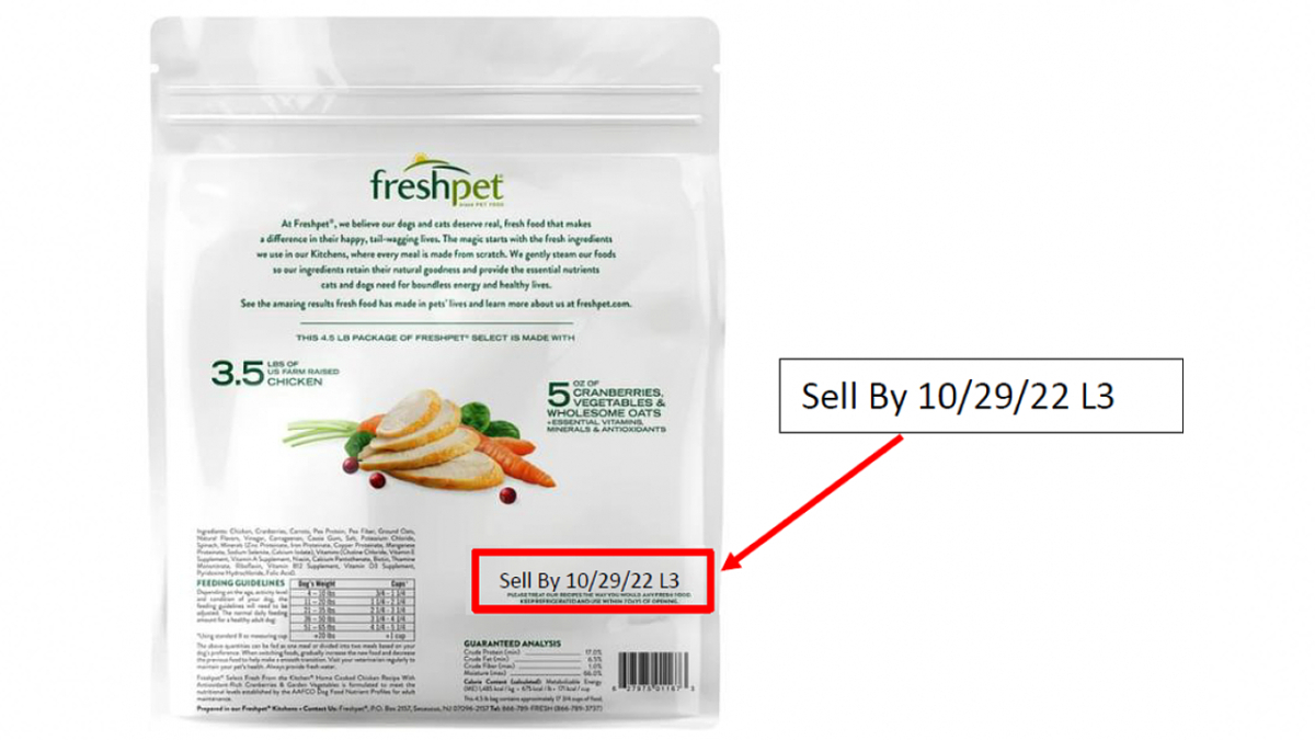 The back of a package of the recalled Freshpet Select Fresh From the Kitchen Home Cooked Chicken Recipe. (FDA)