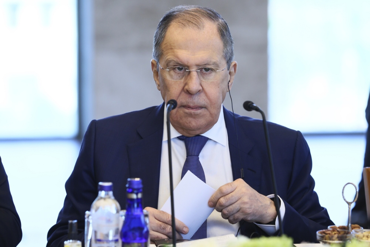 Russian Foreign Minister Sergey Lavrov attends a meeting with his Turkish counterpart Mevlut Cavusoglu in Ankara, Turkey, on June 8, 2022. (Russian Foreign Ministry Press Service via AP)