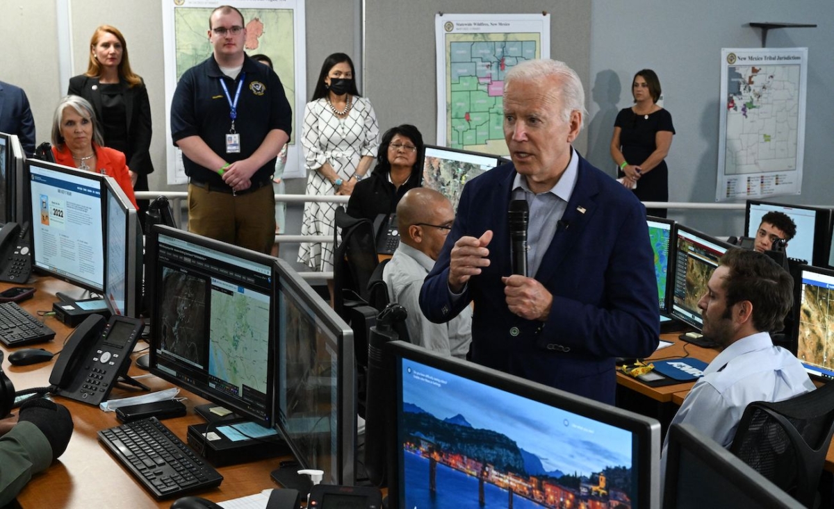 President Joe Biden speaks after attending a briefing on the New Mexico wildfires at the State Emergency Operations Center, Santa Fe, on June 11, 2022. (Jim Watson/AFP via Getty Images)