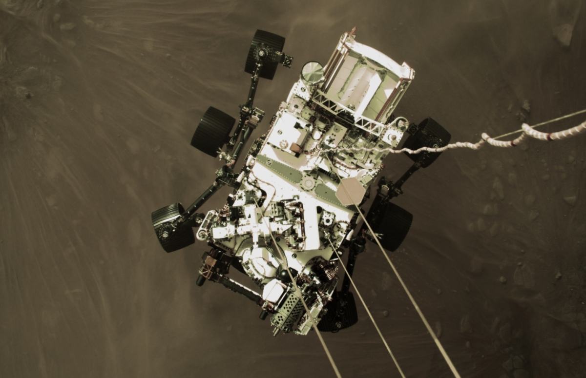 NASA’s Perseverance rover touches down in the area known as Jezero crater on the planet Mars on Feb. 18, 2021. (NASA via Getty Images)