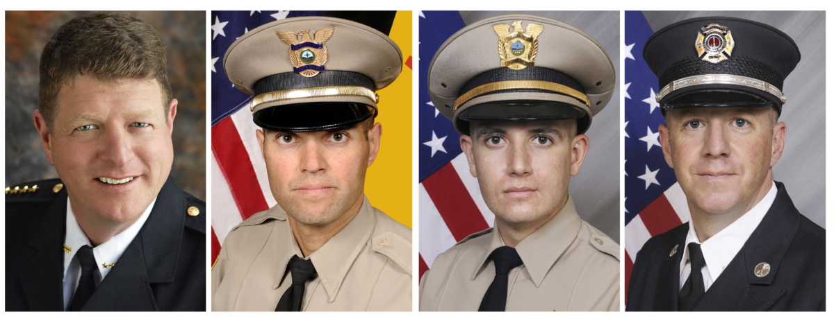 (L–R) Undersheriff Larry Koren, Lt. Fred Beers, Deputy Michael Levison, and county Fire and Rescue Department Specialist Matthew King. The four were killed in a crash of a Bernalillo County Sheriff's Office helicopter that was headed back to Albuquerque after assisting firefighters in another New Mexico city on July 17, 2022. (Bernalillo County Sheriff's Office and Bernalillo County Fire Department via AP)