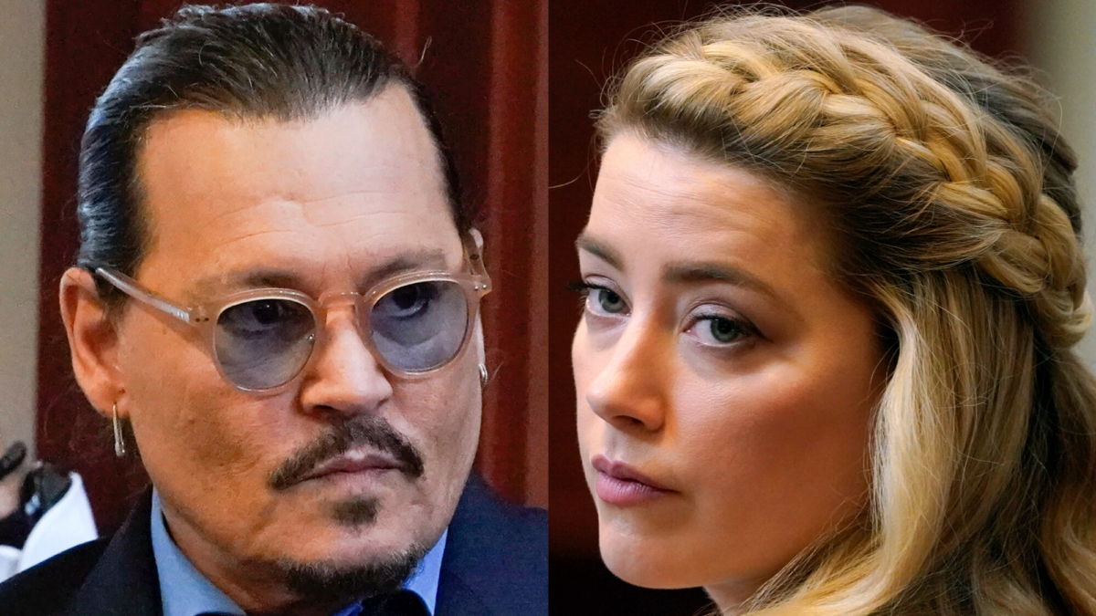 This combination of two separate photos shows actors Johnny Depp (L) and Amber Heard in the courtroom for closing arguments at the Fairfax County Circuit Courthouse in Fairfax, Va., on May 27, 2022. (Steve Helber/AP Photos, Pool)