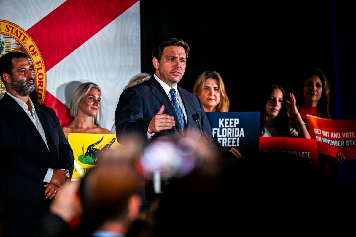 Florida Gov. Ron DeSantis (C) speaks during a primary election night event in Hialeah, Fla., on Aug. 23, 2022. (Chandan Khanna/AFP via Getty Images)