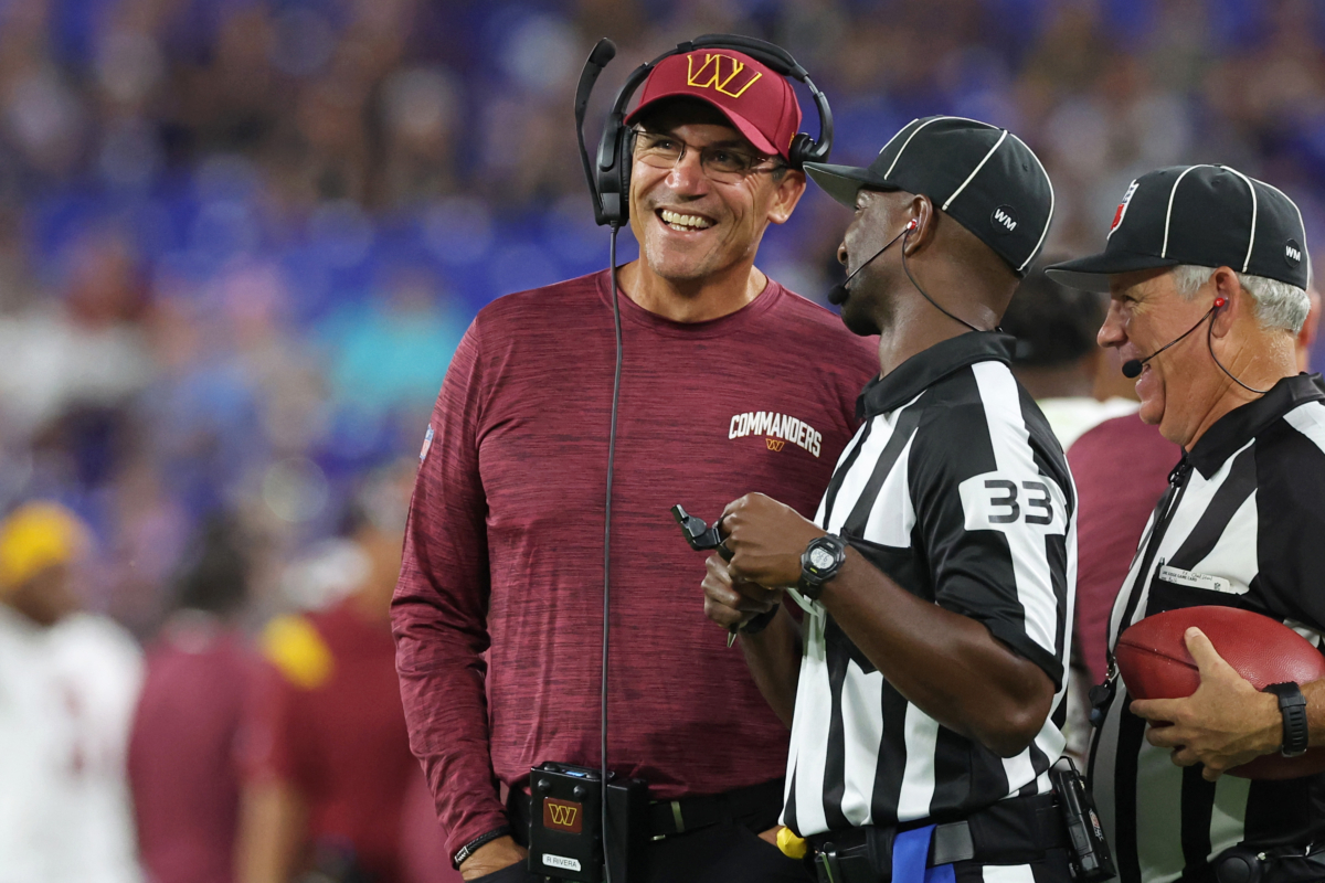 Head Coach Ron Rivera of the Washington Commanders stands on the sidelines during the fourth quarter of the preseason game against the Baltimore Ravens at M&T Bank Stadium in Baltimore, Maryland, on Aug. 27, 2022. (Todd Olszewski/Getty Images)