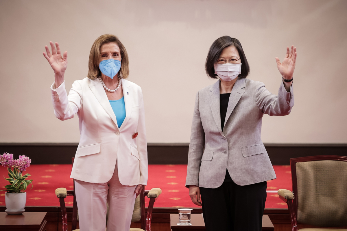 U.S. House Speaker Nancy Pelosi (D-Calif.) poses for photographs with Taiwan's President Tsai Ing-wen (R) at the president's office in Taipei, Taiwan, on Aug. 3, 2022. (Handout/Getty Images)