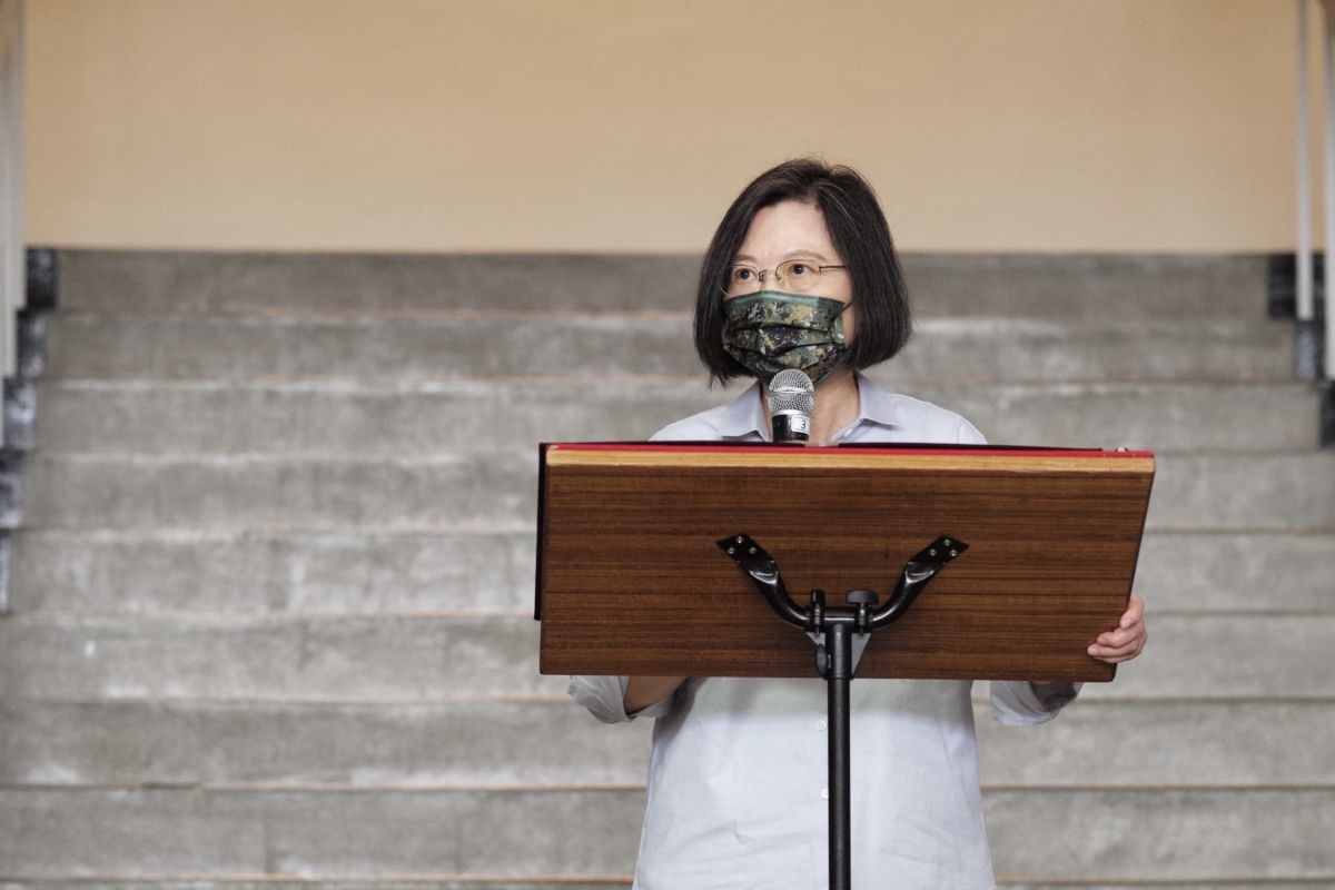 Taiwan's President Tsai Ing-wen speaks at a navy base while inspecting military troops on Penghu islands, Taiwan, on Aug. 30, 2022. (Sam Yeh/AFP via Getty Images)