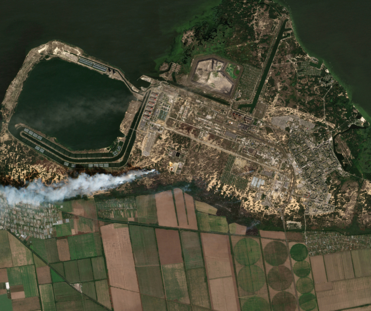 The Zaporizhzhia nuclear power plant and fires, in Enerhodar in Zaporizhzhia region, Ukraine, on Aug. 24, 2022. (European Union/ Copernicus Sentinel-2 imagery via Reuters)
