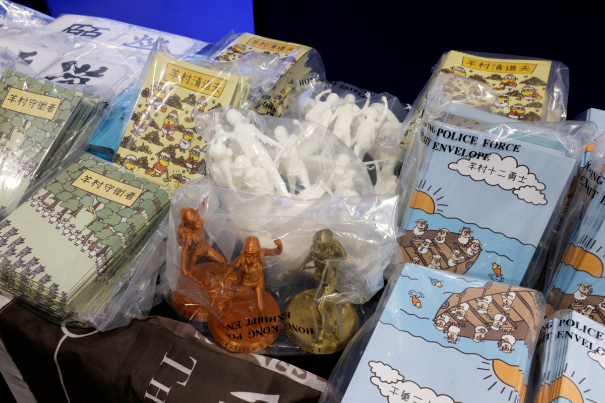 Children's books that five people were arrested over suspicion of conspiring to publish "seditious material" in Hong Kong on July 22, 2021. (Tyrone Siu/Reuters)