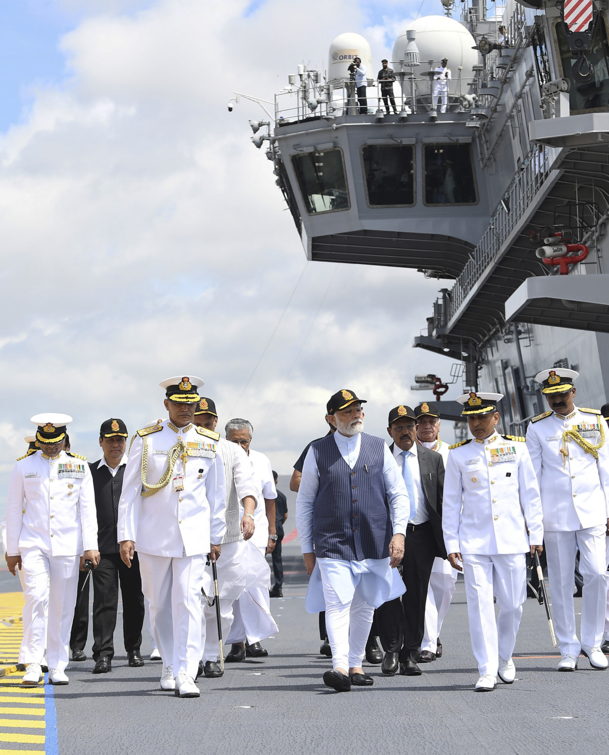 Indian Prime Minister Narendra Modi inspects the INS Vikrant, India's first indigenously-built aircraft carrier, during its commissioning in Kochi, India, on Sept. 2, 2022. (Press Information Bureau via AP)