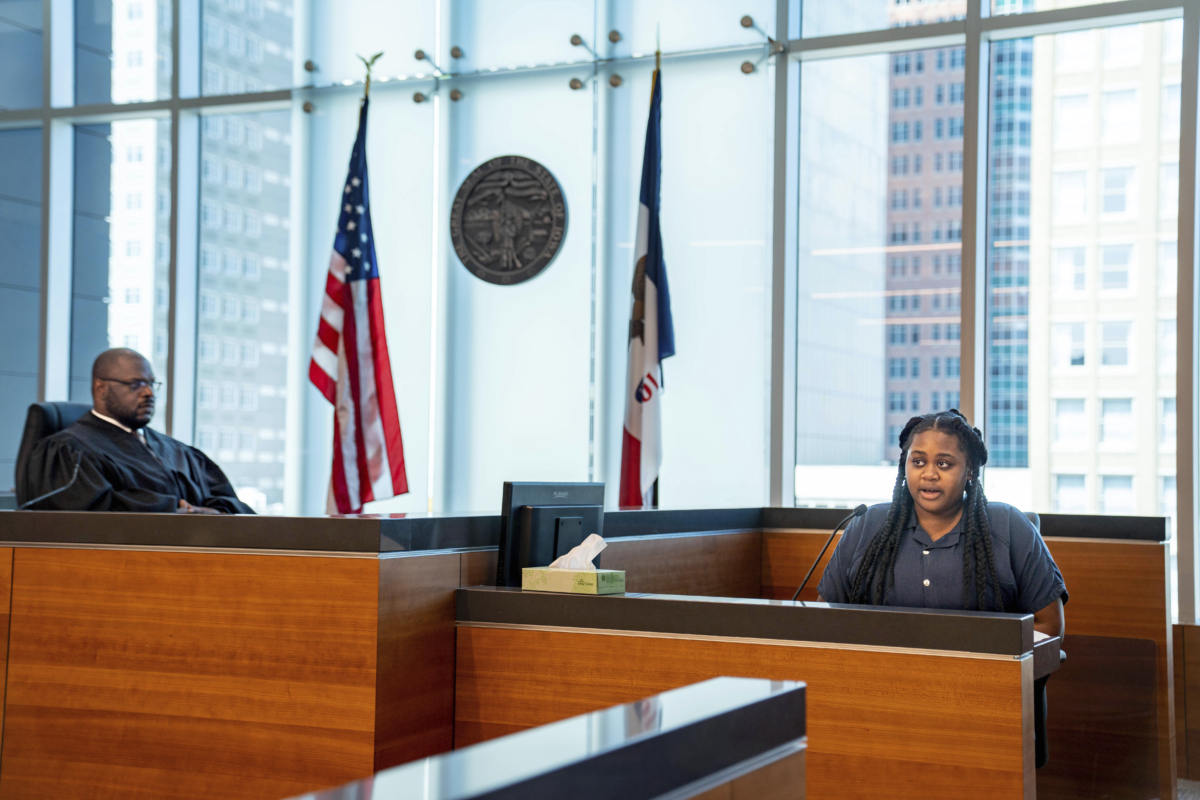 Pieper Lewis gives her allocution during a sentencing hearing in Des Moines, Iowa, on Sept. 13, 2022. (Zach Boyden-Holmes/The Des Moines Register via AP)