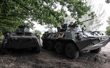 A Russian BTR-80 armoured vehicle in Balakliya, Kharkiv region, Ukraine, on Sept. 10, 2022. (Juan Barreto/AFP via Getty Images)