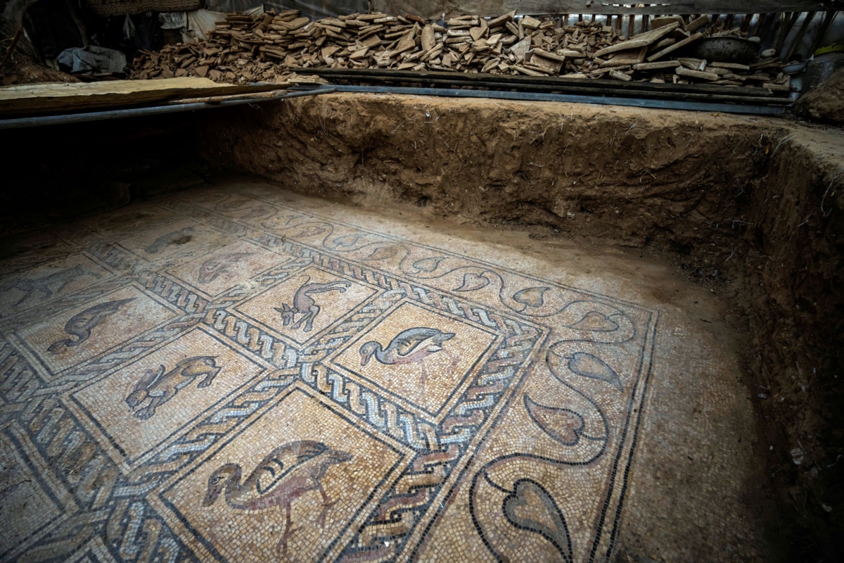 Details of parts of a Byzantine-era mosaic floor are uncovered by a Palestinian farmer in Bureij in central Gaza Strip on Sept. 5, 2022. (Fatima Shbair/AP Photo)