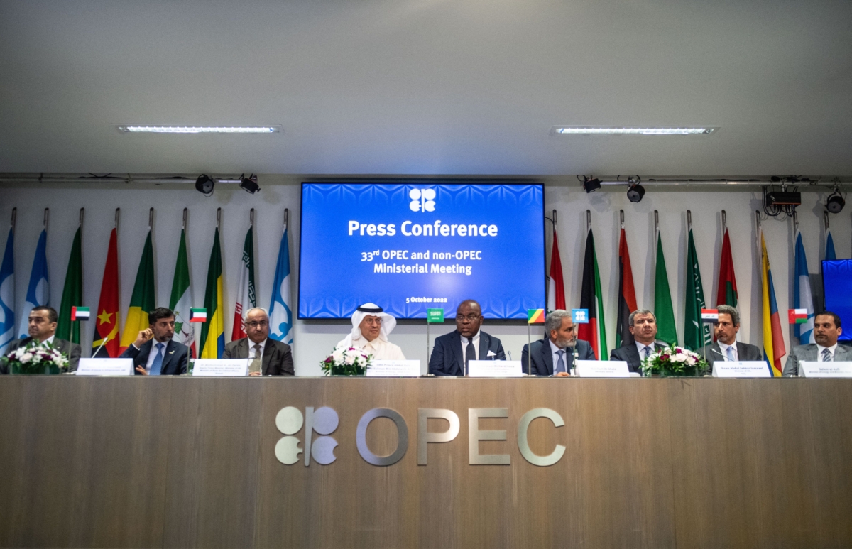 Representatives of OPEC member countries attend a press conference after the 45th Joint Ministerial Monitoring Committee and the 33rd OPEC and non-OPEC Ministerial Meeting in Vienna, Austria, on Oct. 5, 2022. (Vladmir Simicek/AFP via Getty Images)