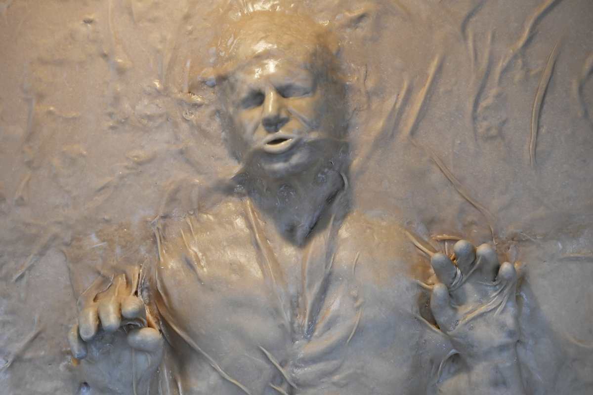 A detail view of a sculpture of "Star Wars" character Han Solo frozen in carbonite and made entirely of bread is shown on display at the One House Bakery in Benicia, Calif., on Oct. 16, 2022. (Jose Carlos Fajardo/Bay Area News Group via AP)