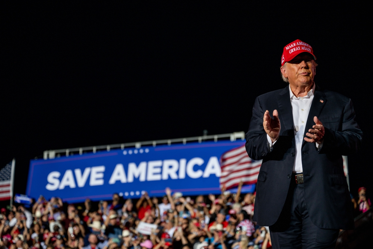 Former President Donald Trump arrives at the "Save America" rally in Robstown, Texas, on Oct. 22, 2022. (Brandon Bell/Getty Images)
