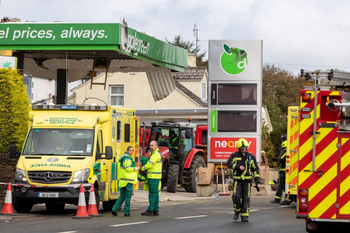 Emergency services attend the scene following an explosion in Creeslough, in the north west of Ireland, on Oct. 8, 2022. (Paul Faith/AFP via Getty Images)