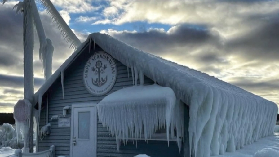 Lake Michigan Waves Cover Wisconsin Shop in Ice