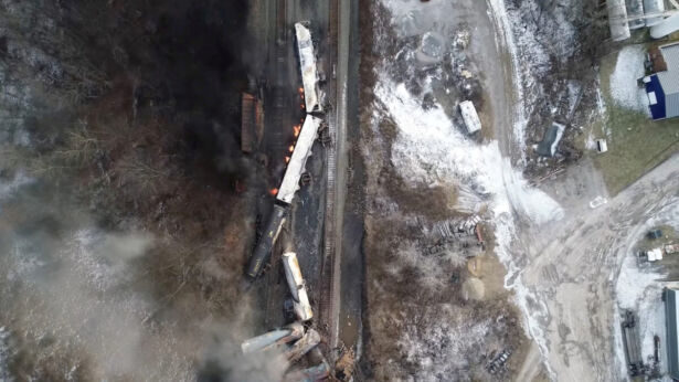 FILE PHOTO: A drone footage shows the freight train derailment in East Palestine, Ohio