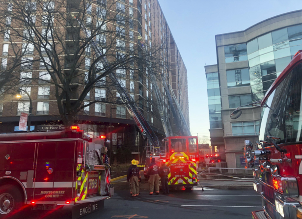 Firefighters respond to a fire at a high-rise apartment building in Silver Springs, Md., on Feb. 18, 2023. (Montgomery County Fire & Rescue Service via AP)