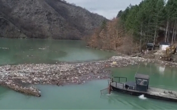 Workers Clean Pile of Trash in Serbian Lake