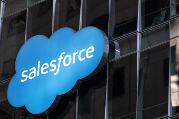 The Salesforce logo is seen at its headquarters in San Francisco, Calif., on Dec. 1, 2020. (Stephen Lam/Getty Images)