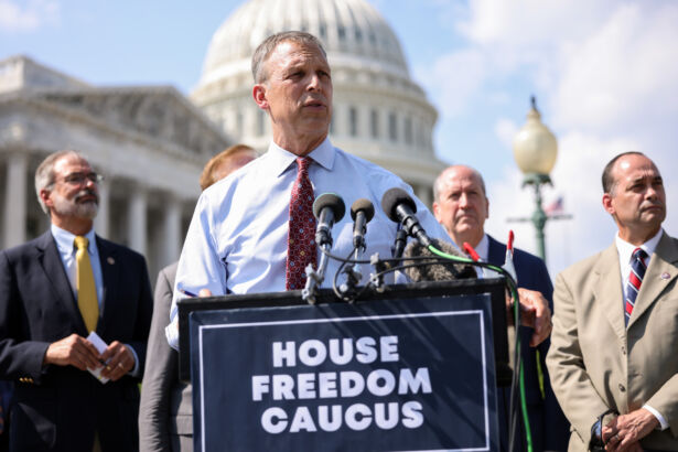U.S. Rep. Scott Perry (R-PA), joined by members of the House Freedom Caucus, speaks at a news conference on the infrastructure bill outside the Capitol Building in Washington on Aug. 23, 2021 (Kevin Dietsch/Getty Images)