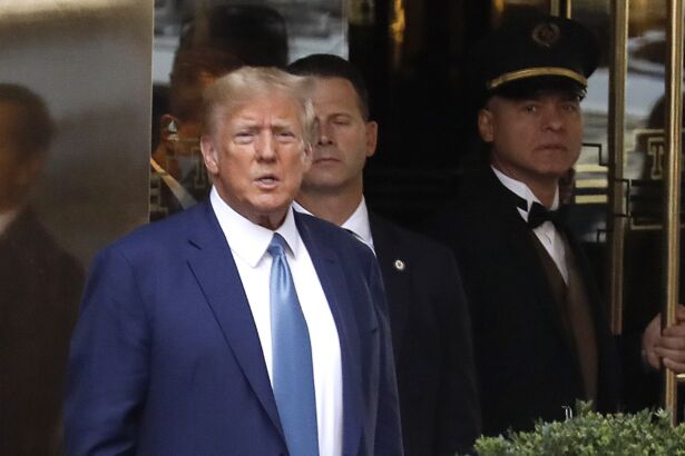 Former President Donald Trump leaves Trump Tower in New York on April 13, 2023. (John Lamparski/Getty Images)