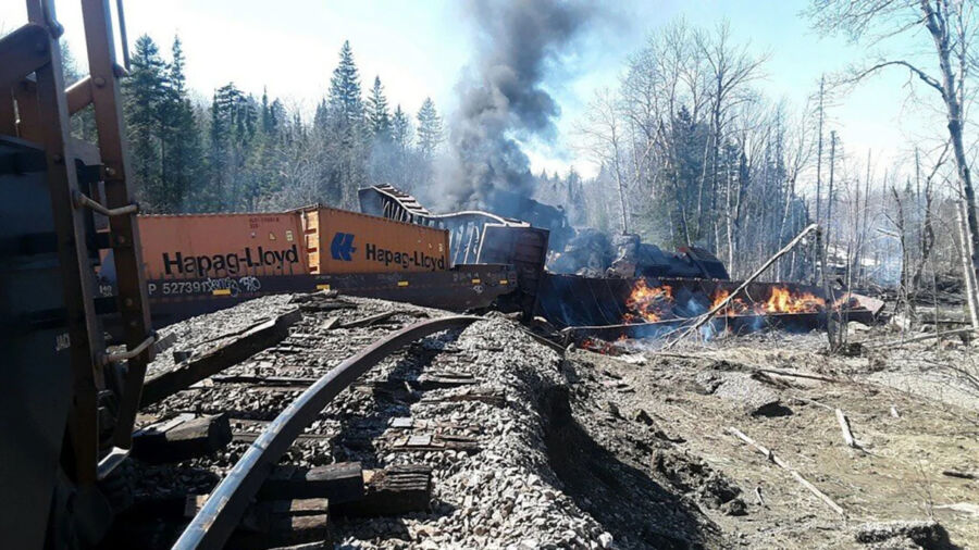 Freight Train Engines, Cars Derail and Catch Fire in Maine