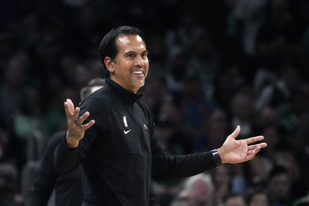 Miami Heat head coach Erik Spoelstra gestures during the second half in Game 7 of the NBA basketball Eastern Conference finals against the Boston Celtics in Boston on May 29, 2023. (Charles Krupa/AP Photo)