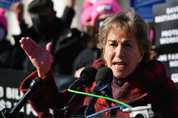 Rep. Jan Schakowsky (D-Ill) speaks during a rally at the House Triangle of the U.S. Capitol in Washington on Feb. 8, 2022. (Mandel Ngan/AFP via Getty Images)