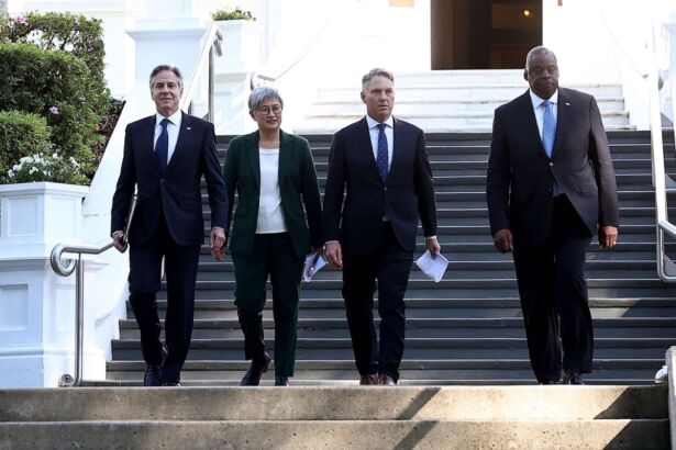 (L-R) U.S. Secretary of State Antony Blinken, Australian Foreign Minister Penny Wong, Australian Defence Minister Richard Marles, and U.S. Secretary of Defense Lloyd Austin leave a building at Queensland Government House prior to a press conference in Brisbane on July 29, 2023. (Pat Hoelscher/AFP via Getty Images)